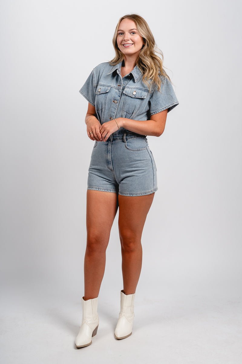Short sleeve denim romper light denim - Trendy romper - Fashion Rompers & Pantsuits at Lush Fashion Lounge Boutique in Oklahoma City