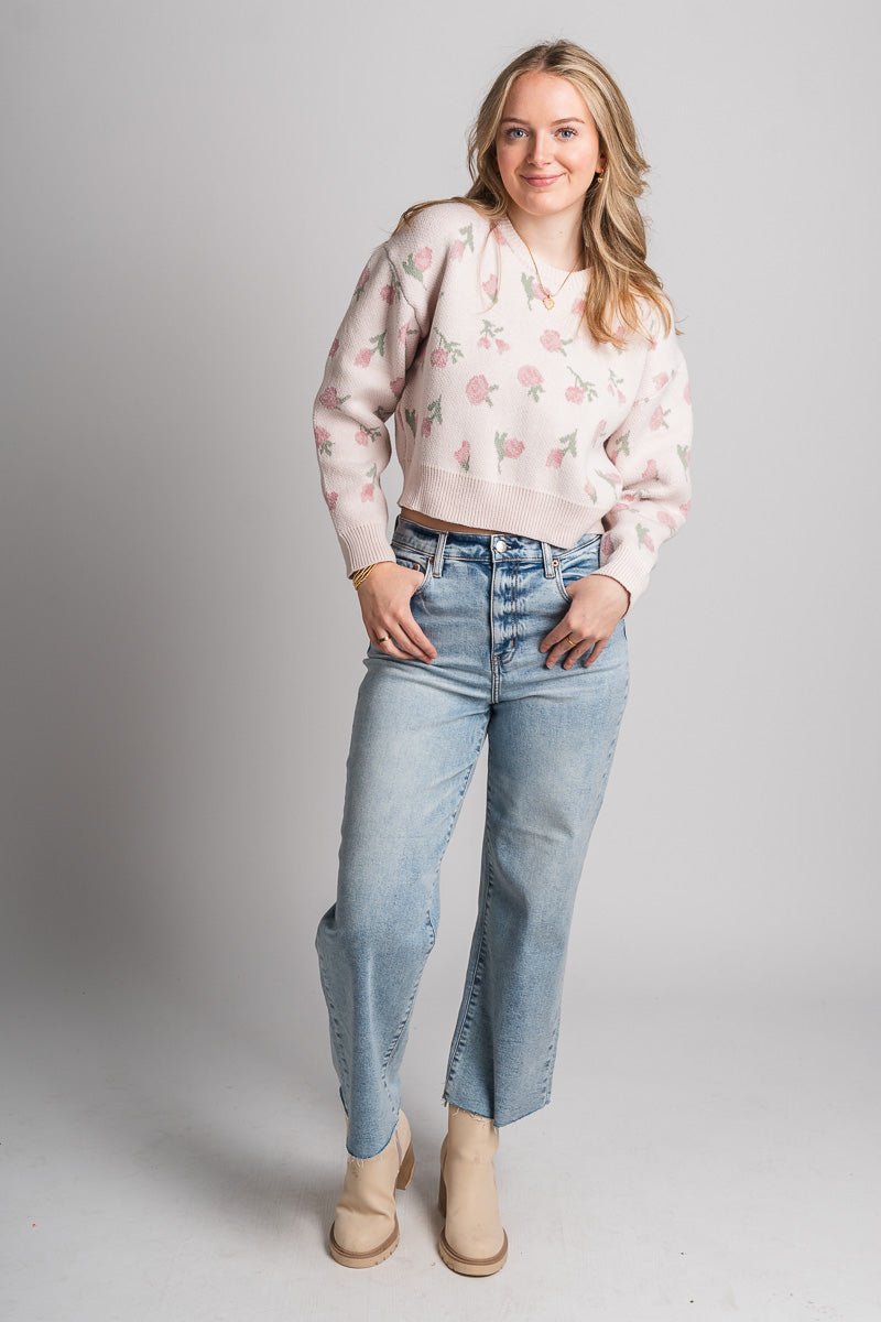 Floral crop sweater pink - Trendy Sweaters | Cute Pullover Sweaters at Lush Fashion Lounge Boutique in Oklahoma City