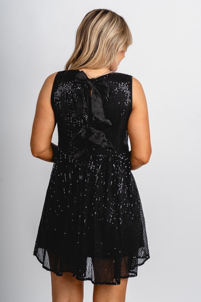 Sequin bow back babydoll dress black