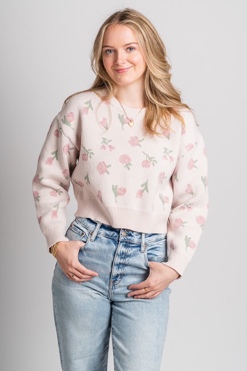 Floral crop sweater pink – Boutique Sweaters | Fashionable Sweaters at Lush Fashion Lounge Boutique in Oklahoma City