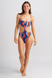 Cut out one piece swimsuit blue multi - Stylish swimsuit - Trendy Staycation Outfits at Lush Fashion Lounge Boutique in Oklahoma City