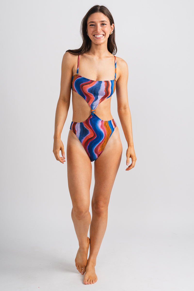 Cut out one piece swimsuit blue multi - Stylish swimsuit - Trendy Staycation Outfits at Lush Fashion Lounge Boutique in Oklahoma City