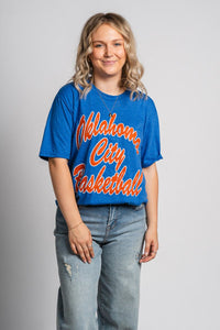 OKC basketball script unisex t-shirt royal - Trendy OKC Apparel at Lush Fashion Lounge Boutique in Oklahoma City