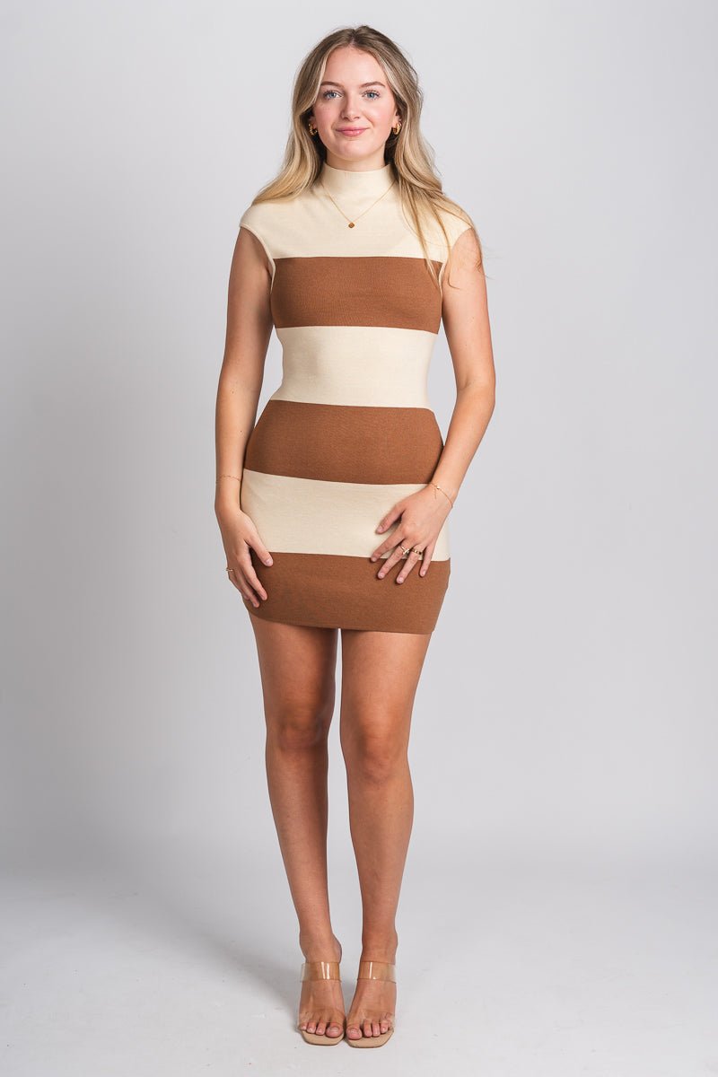 Mock neck sweater dress cream/brown - Trendy dress - Fashion Dresses at Lush Fashion Lounge Boutique in Oklahoma City