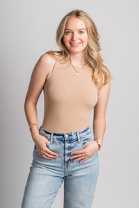 Round neck bodysuit deep almond - Cute bodysuit - Trendy Bodysuits at Lush Fashion Lounge Boutique in Oklahoma City