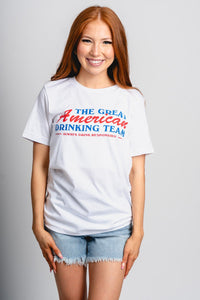 American drinking team unisex t-shirt white - Trendy T-shirt - Cute American Summer Collection at Lush Fashion Lounge Boutique in Oklahoma City