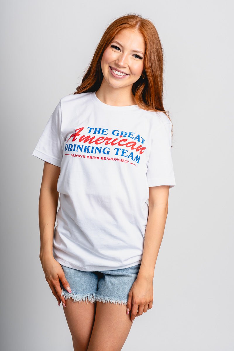 American drinking team unisex t-shirt white - Cute T-shirt - Fun American Summer Outfits at Lush Fashion Lounge Boutique in Oklahoma City