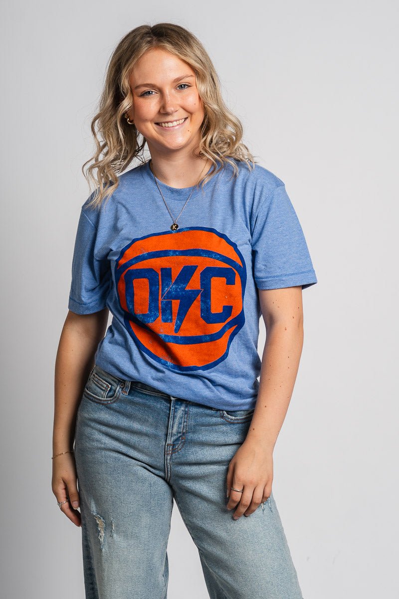 OKC bolt basketball unisex t-shirt athletic blue - Trendy OKC Apparel at Lush Fashion Lounge Boutique in Oklahoma City