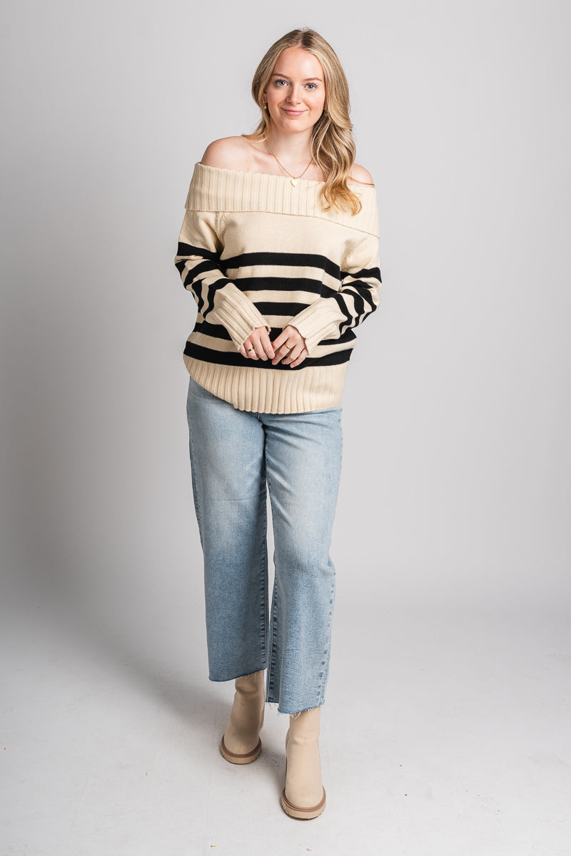 Off shoulder stripe sweater cream - Trendy Sweaters | Cute Pullover Sweaters at Lush Fashion Lounge Boutique in Oklahoma City