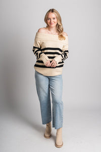 Off shoulder stripe sweater cream – Unique Sweaters | Lounging Sweaters and Womens Fashion Sweaters at Lush Fashion Lounge Boutique in Oklahoma City