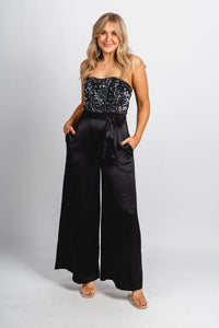 Strapless sequin satin jumpsuit black - Affordable New Year's Eve Party Outfits at Lush Fashion Lounge Boutique in Oklahoma City