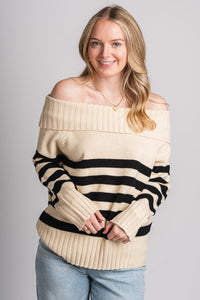 Off shoulder stripe sweater cream – Boutique Sweaters | Fashionable Sweaters at Lush Fashion Lounge Boutique in Oklahoma City