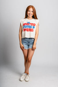 USA bows muscle tank top natural Stylish Tank Top - Womens Fashion Tank Tops at Lush Fashion Lounge Boutique in Oklahoma City