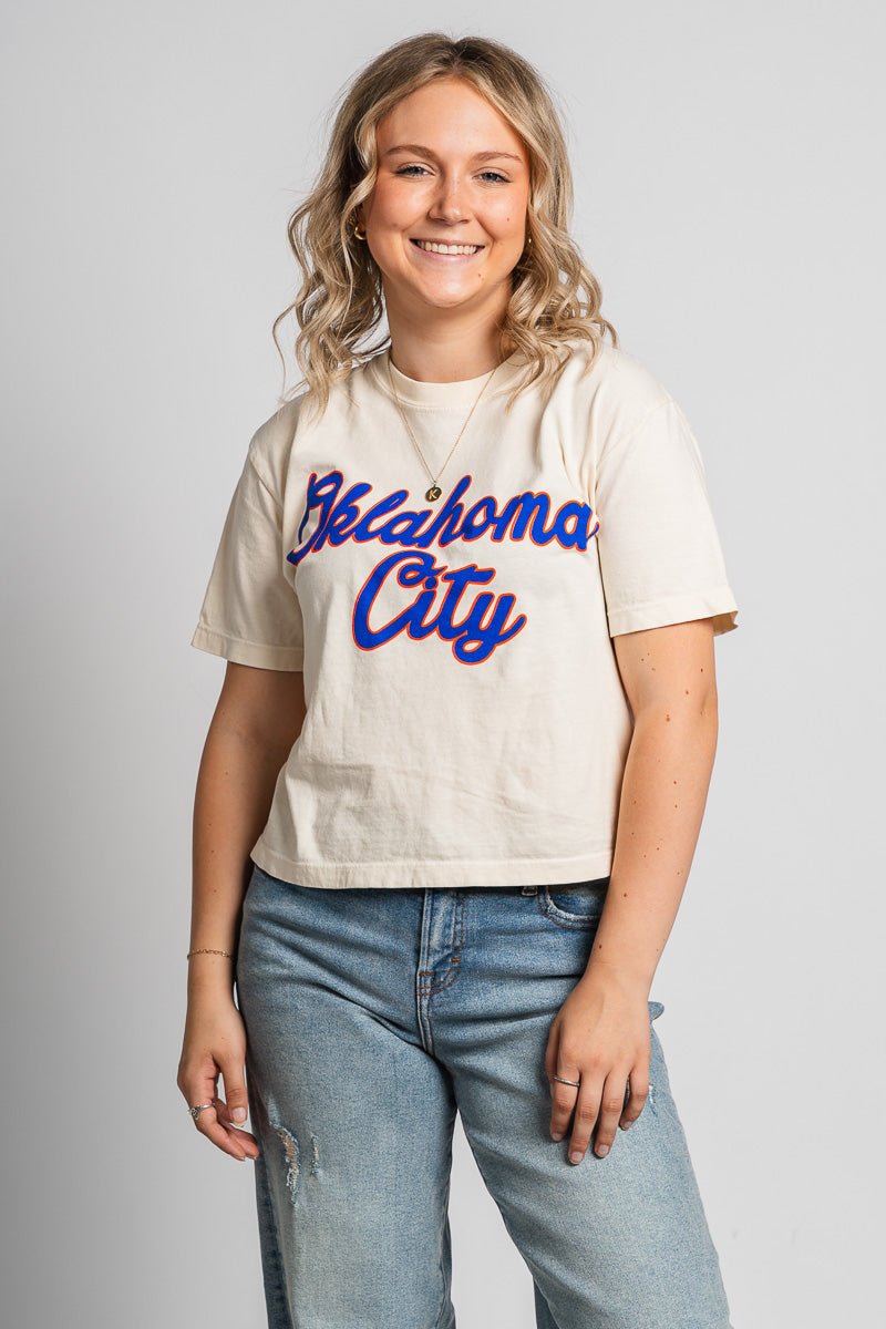 OKC basketball script crop t-shirt natural - Trendy Oklahoma City Basketball T-Shirts Lush Fashion Lounge Boutique in Oklahoma City