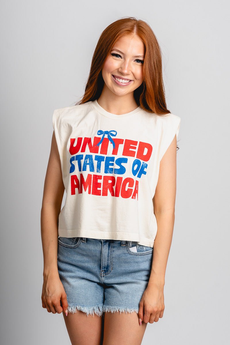 USA bows muscle tank top natural - Affordable Tank Top - Boutique Tank Tops at Lush Fashion Lounge Boutique in Oklahoma City