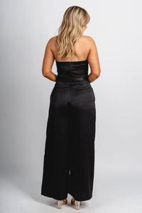 Strapless sequin satin jumpsuit black - Trendy New Year's Eve Dresses, Skirts, Kimonos and Sequins at Lush Fashion Lounge Boutique in Oklahoma City