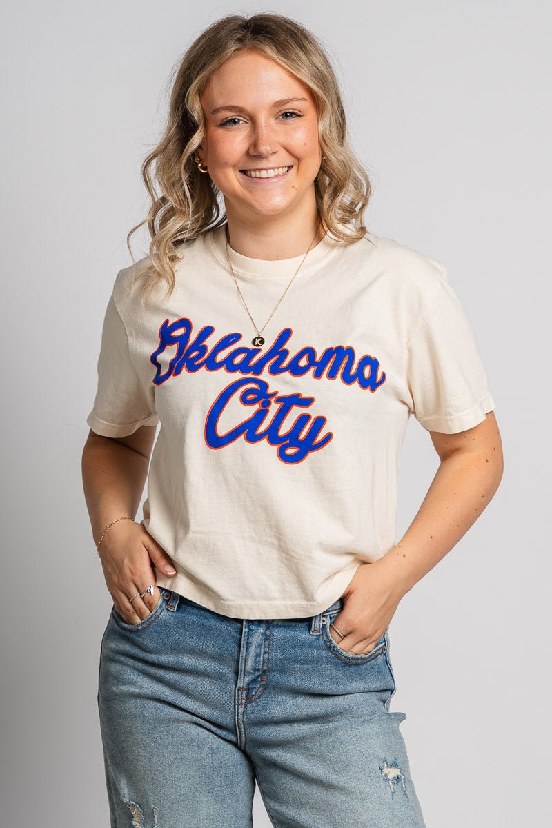 OKC basketball script crop t-shirt natural - Trendy OKC Apparel at Lush Fashion Lounge Boutique in Oklahoma City