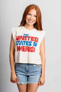 USA bows muscle tank top natural - Cute Tank Top - Trendy Tank Tops at Lush Fashion Lounge Boutique in Oklahoma City