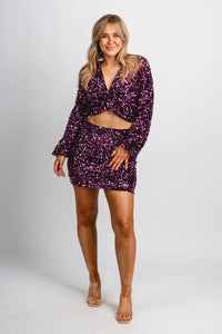 Twist long sleeve sequin top magenta - Affordable New Year's Eve Party Outfits at Lush Fashion Lounge Boutique in Oklahoma City