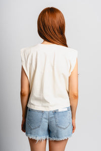 USA bows muscle tank top natural - Adorable Tank Top - Stylish Patriotic Summer Graphic Tees at Lush Fashion Lounge Boutique in OKC