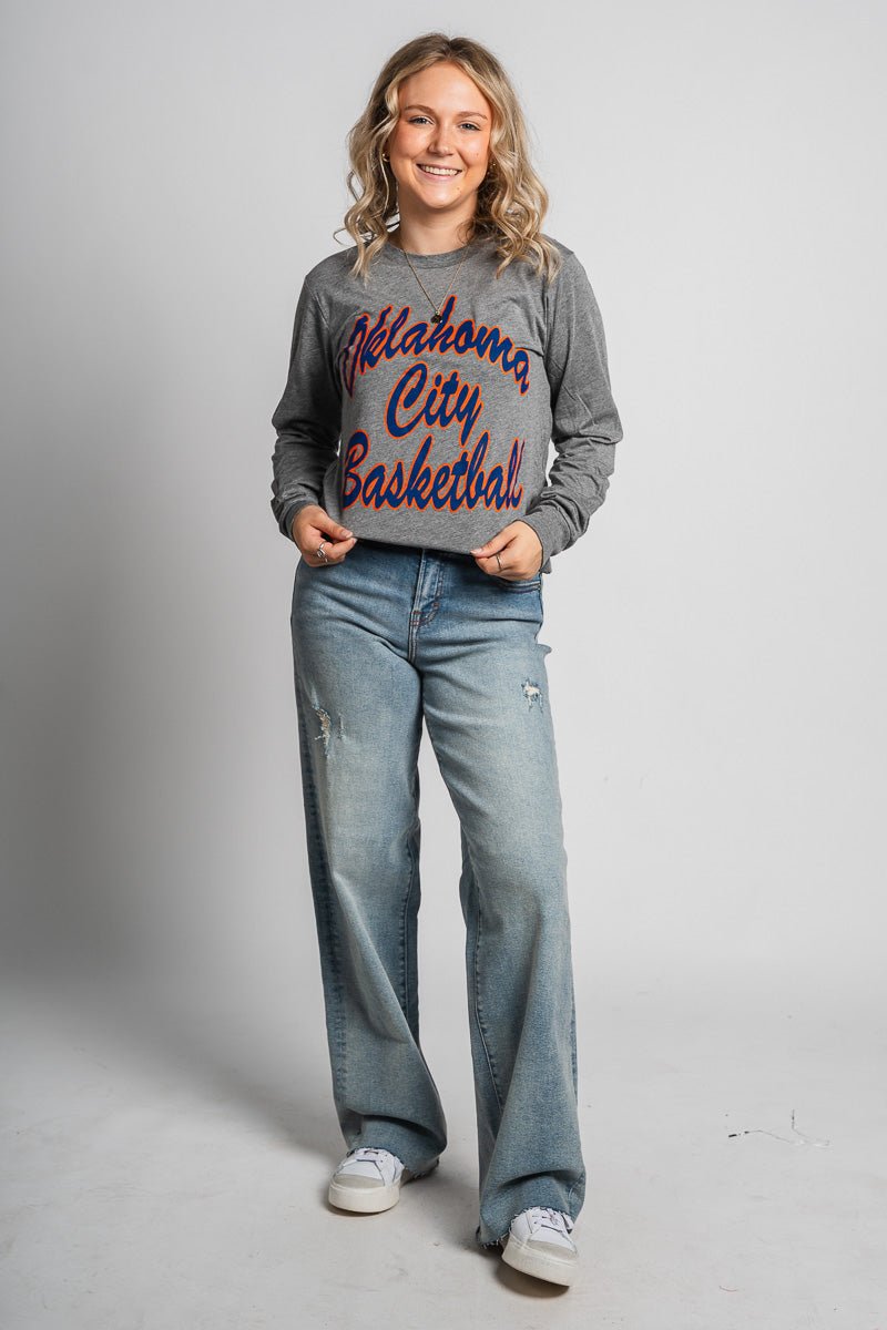 OKC basketball script unisex long sleeve t-shirt grey - Trendy OKC Thunder T-Shirts at Lush Fashion Lounge Boutique in Oklahoma City