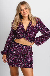 Twist long sleeve sequin top magenta - Trendy New Year's Eve Dresses, Skirts, Kimonos and Sequins at Lush Fashion Lounge Boutique in Oklahoma City