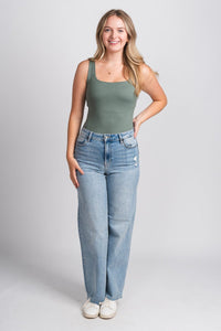 Square neck bodysuit sage Stylish bodysuit - Womens Fashion Bodysuits at Lush Fashion Lounge Boutique in Oklahoma City