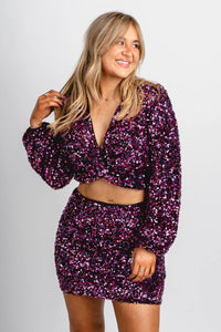 Twist long sleeve sequin top magenta - Trendy New Year's Eve Outfits at Lush Fashion Lounge Boutique in Oklahoma City