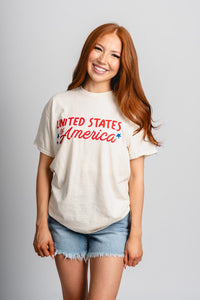 USA stars thrifted t-shirt off white - Trendy T-shirt - Cute American Summer Collection at Lush Fashion Lounge Boutique in Oklahoma City