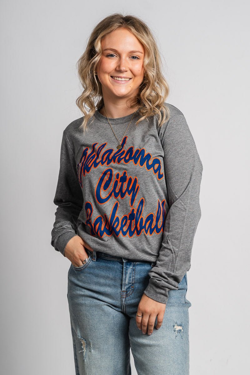 OKC basketball script unisex long sleeve t-shirt grey - Trendy Oklahoma City Basketball T-Shirts Lush Fashion Lounge Boutique in Oklahoma City