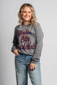 OKC basketball script unisex long sleeve t-shirt grey - Trendy OKC Apparel at Lush Fashion Lounge Boutique in Oklahoma City