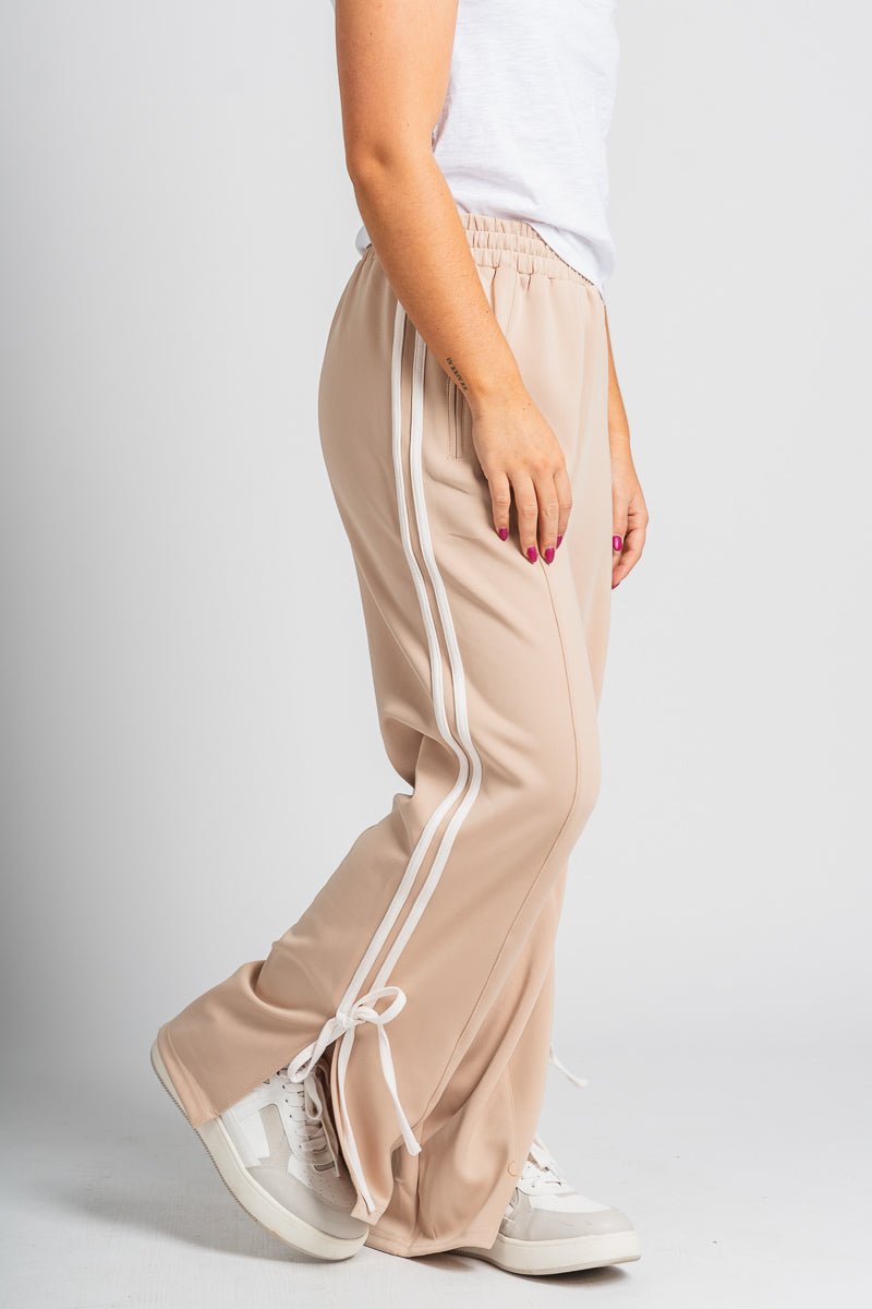 Bow detail track pants taupe/white - Cute Pants - Fun Cozy Basics at Lush Fashion Lounge Boutique in Oklahoma City