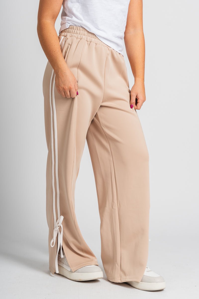 Bow detail track pants taupe/white - Trendy Pants - Cute Loungewear Collection at Lush Fashion Lounge Boutique in Oklahoma City