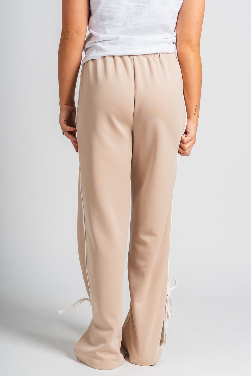 Bow detail track pants taupe/white - Adorable Pants - Stylish Comfortable Outfits at Lush Fashion Lounge Boutique in OKC