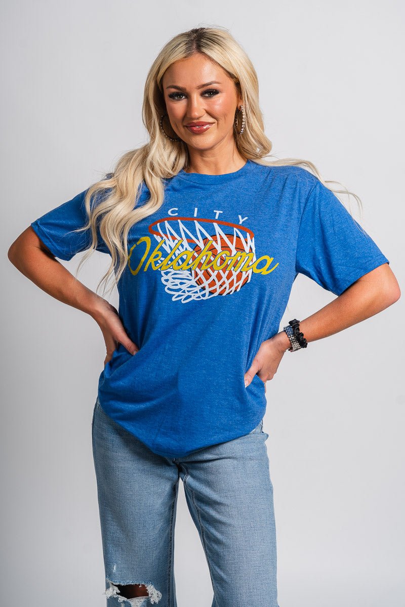 OKC basketball swish script unisex t-shirt royal - Trendy Oklahoma City Basketball T-Shirts Lush Fashion Lounge Boutique in Oklahoma City