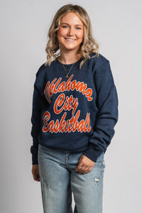 OKC basketball script sweatshirt navy - Trendy OKC Apparel at Lush Fashion Lounge Boutique in Oklahoma City