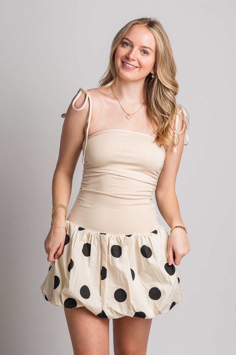 Ruched balloon skirt dress taupe - Affordable dress - Boutique Dresses at Lush Fashion Lounge Boutique in Oklahoma City