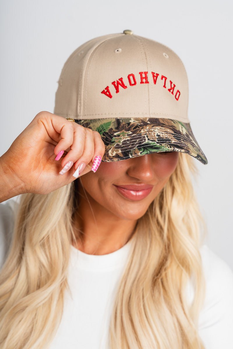 Oklahoma upside down two tone camo hat khaki - Trendy Hats at Lush Fashion Lounge Boutique in Oklahoma City