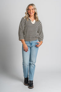 Striped collared sweater black/white - Trendy Sweaters | Cute Pullover Sweaters at Lush Fashion Lounge Boutique in Oklahoma City