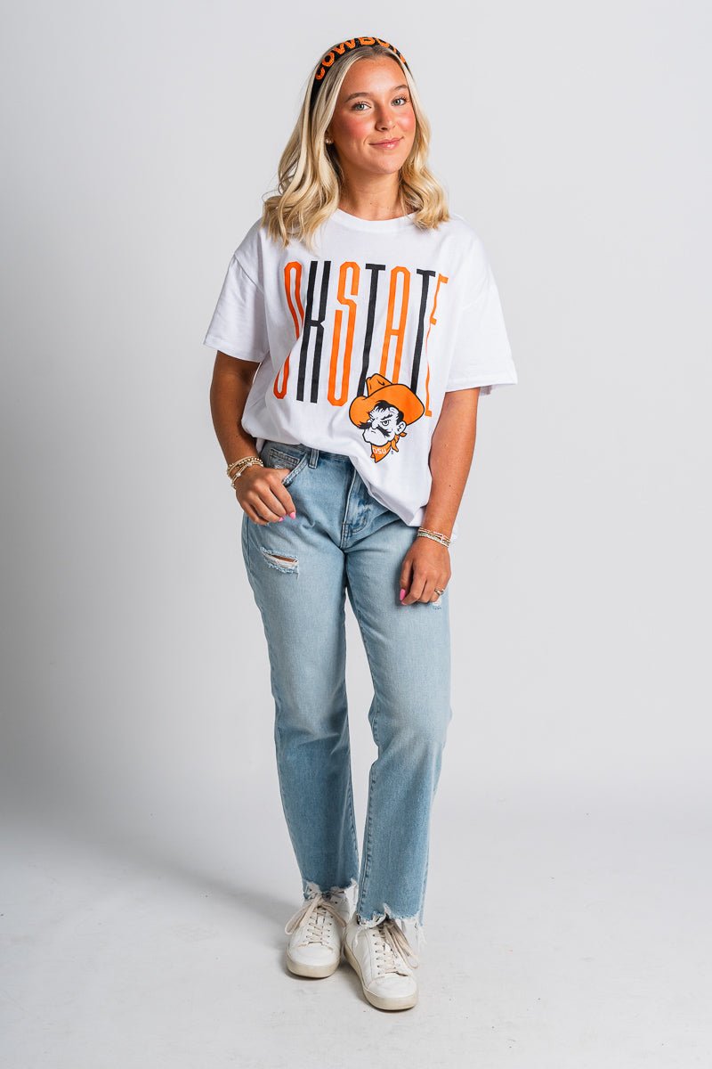 OSU OSU Oklahoma State goal post oversized t-shirt white T-shirt | Lush Fashion Lounge Trendy Oklahoma State Cowboys Apparel & Cute Gameday T-Shirts