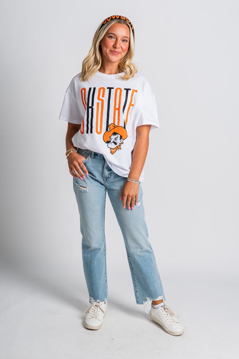 OSU OSU Oklahoma State goal post oversized t-shirt white T-shirt | Lush Fashion Lounge Trendy Oklahoma State Cowboys Apparel & Cute Gameday T-Shirts