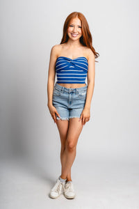 Mia twist front strapless top cobalt/white - Stylish tank top - Trendy American Summer Fashion at Lush Fashion Lounge Boutique in Oklahoma