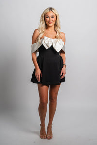 Off shoulder bow mini dress black - Affordable New Year's Eve Party Outfits at Lush Fashion Lounge Boutique in Oklahoma City