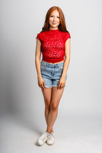 Cap sleeve lace top red - Stylish top - Trendy American Summer Fashion at Lush Fashion Lounge Boutique in Oklahoma