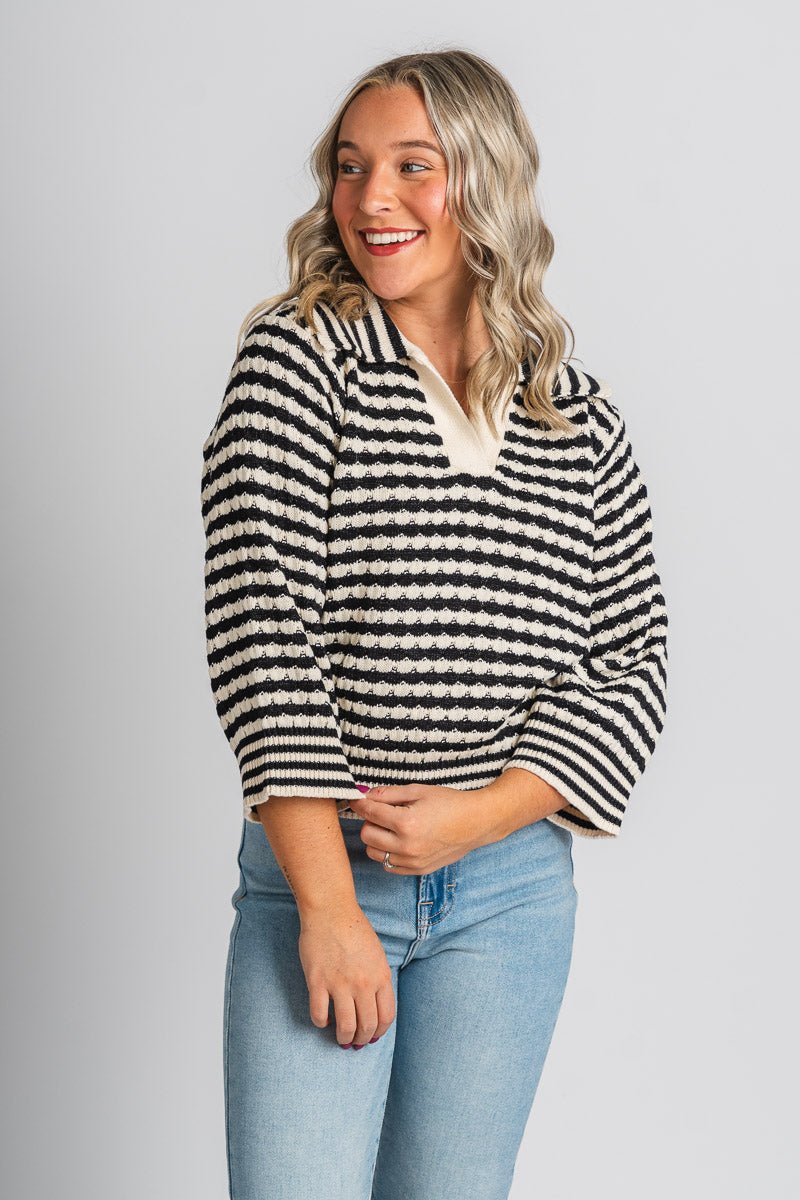 Striped collared sweater black/white – Stylish Sweaters | Boutique Sweaters at Lush Fashion Lounge Boutique in Oklahoma City