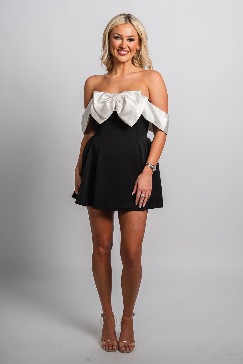 Off shoulder bow mini dress black Stylish Dress - Womens Fashion Dresses at Lush Fashion Lounge Boutique in Oklahoma City