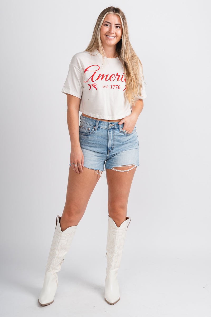 America bows cropped t-shirt white - Stylish T-shirts - Trendy American Summer Fashion at Lush Fashion Lounge Boutique in Oklahoma