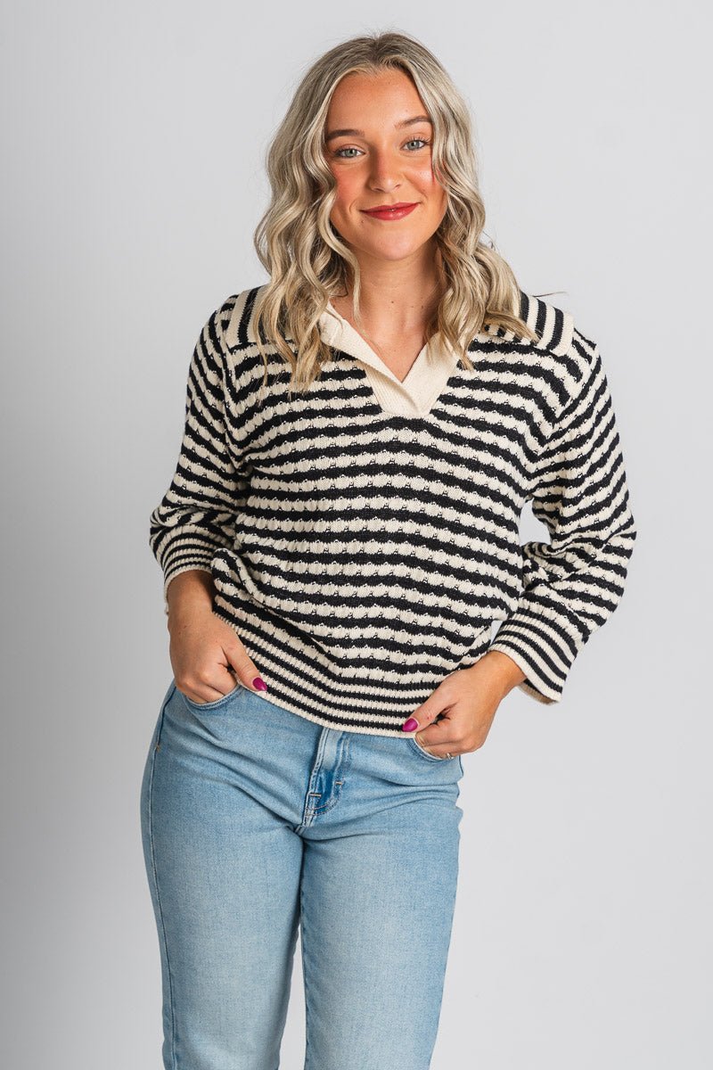 Striped collared sweater black/white – Boutique Sweaters | Fashionable Sweaters at Lush Fashion Lounge Boutique in Oklahoma City