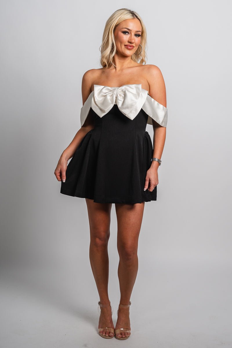 Off shoulder bow mini dress black