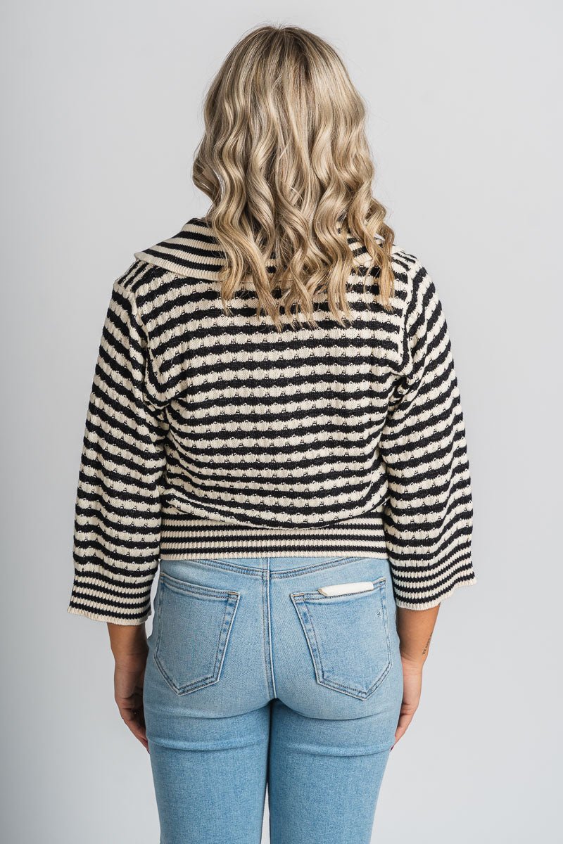 Striped collared sweater black/white – Unique Sweaters | Lounging Sweaters and Womens Fashion Sweaters at Lush Fashion Lounge Boutique in Oklahoma City